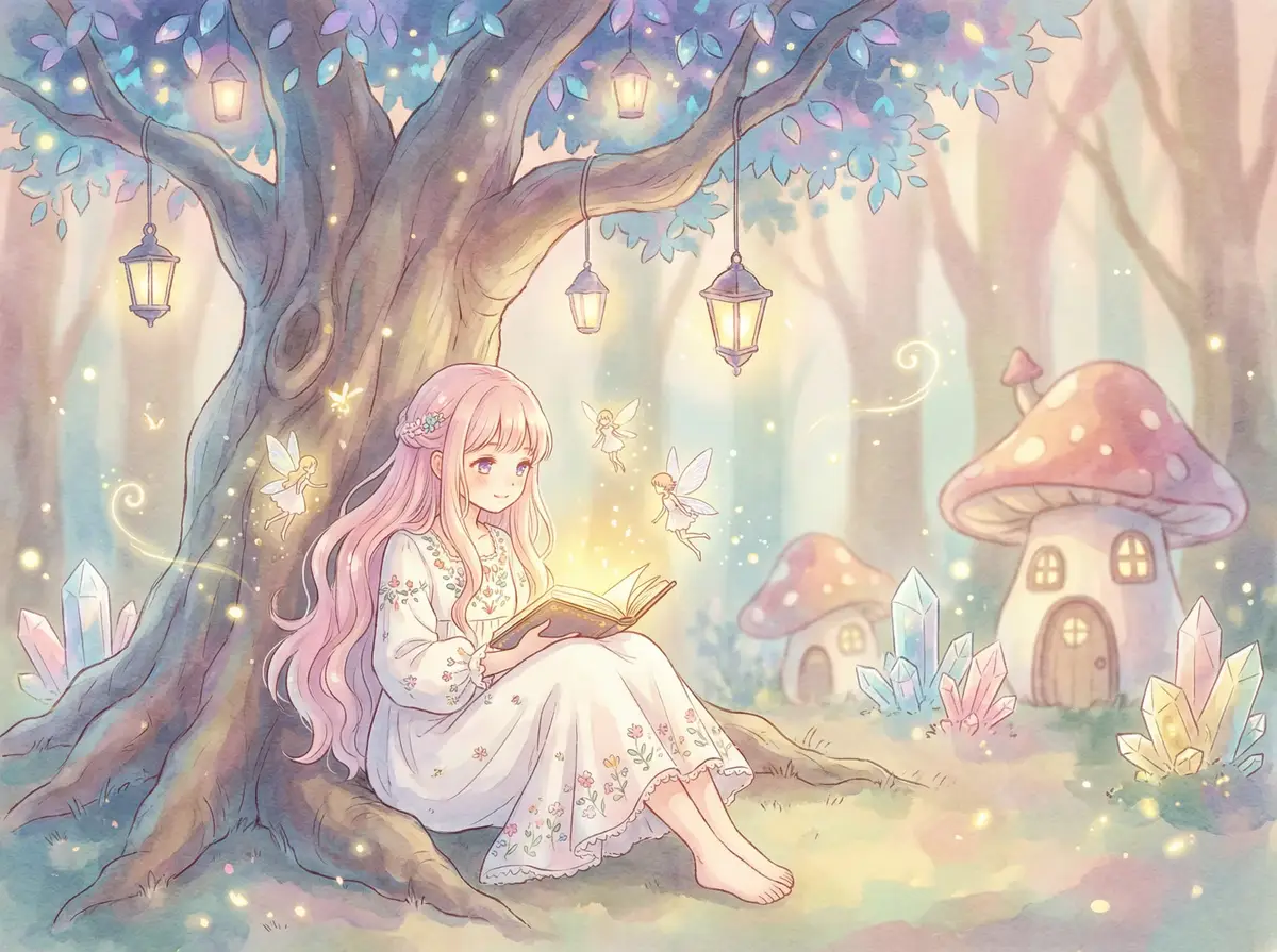 青木りん - 魔法森林中阅读故事书的粉发少女与精灵